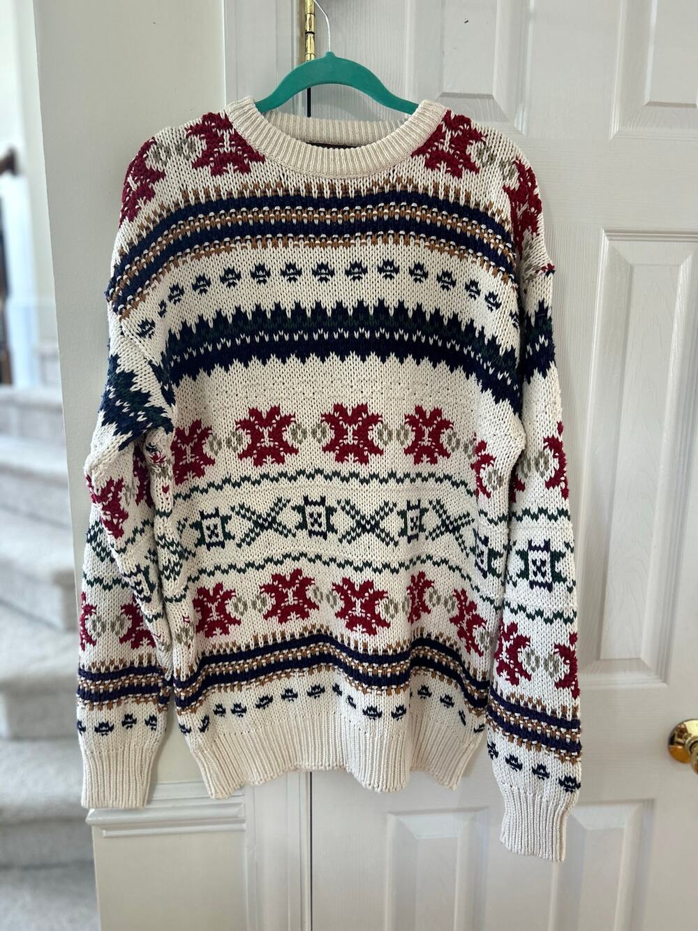 Vintage Fair Isle White Red Navy Cotton Crewneck Long Sleeve Sweater